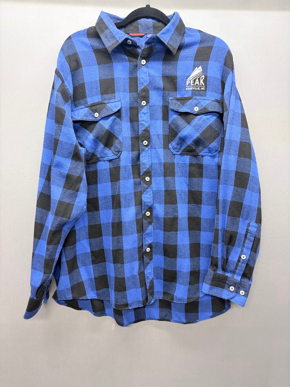 Peak Asheville NC Souvenir Flannel Shirt Mens 2XL Blue Buffalo Plaid Button Up